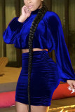 Blue Sexy Solid Split Joint O Neck Long Sleeve Two Pieces