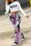 White Casual Print Letter O Neck Long Sleeve Two Pieces