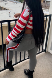 Red Casual Striped Patchwork Turndown Collar Long Sleeve Two Pieces