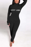 Black Casual Print Letter Half A Turtleneck Skinny Jumpsuits