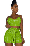 Green Polyester Fashion Ma'am adult Sexy Two Piece Suits Patchwork Plaid Straight Sleeveless Two-Piece Sh