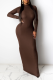 Coffee Sexy Solid Hollowed Out Turtleneck Pencil Skirt Dresses