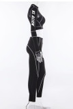 Black Street Print See-through Mesh O Neck Long Sleeve Two Pieces