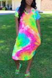 Green Fashion Sexy adult Green Pink rose red Cap Sleeve Short Sleeves V Neck A-Line Mid-Calf Print Patchwork Tie and dye Dresses