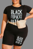 Black Casual Print Letter O Neck Plus Size Two Pieces