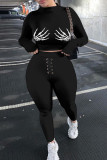 Black Fashion Casual Print Basic Half A Turtleneck Long Sleeve Two Pieces