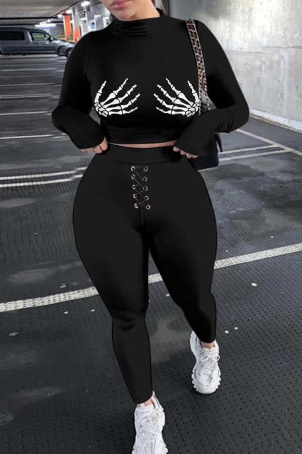 Black Fashion Casual Print Basic Half A Turtleneck Long Sleeve Two Pieces