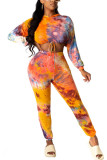 Yellow Polyester Fashion Casual adult Ma'am Tie Dye Two Piece Suits pencil Long Sleeve Two Pieces