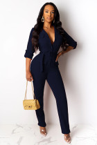 Royal blue Fashion Casual bandage Button Solid Polyester Long Sleeve V Neck Jumpsuits