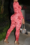 Red Sexy Print Patchwork One Shoulder Skinny Jumpsuits