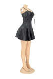 Blue Fashion Sexy Solid Strap Design Square Collar Sling Dress