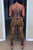 Leopard Print Sexy Print Leopard Backless Strap Design Spaghetti Strap Skinny Jumpsuits