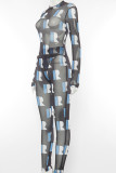 Blue Casual Print Hollowed Out Patchwork Tie-dye O Neck Long Sleeve Two Pieces