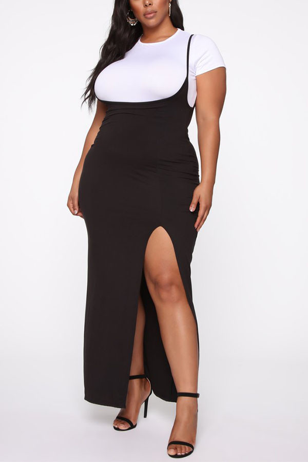 Black Sweet Solid O Neck Plus Size 