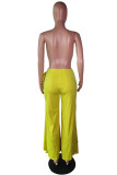 Yellow Elastic Fly Sleeveless Mid Solid ruffle Loose Pants Pants