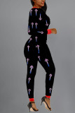 Black Street Print O Neck Skinny Jumpsuits