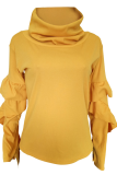 Yellow Casual Solid Patchwork Turtleneck Tops