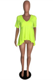 Fluorescent Green Fashion Casual Solid Basic V Neck T-Shirts