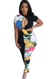 Black Fashion Sexy Print Patchwork Hollow Short Sleeve O Neck Jumpsuits