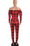 Red Sexy Plaid Print Bateau Neck Long Sleeve Two Pieces