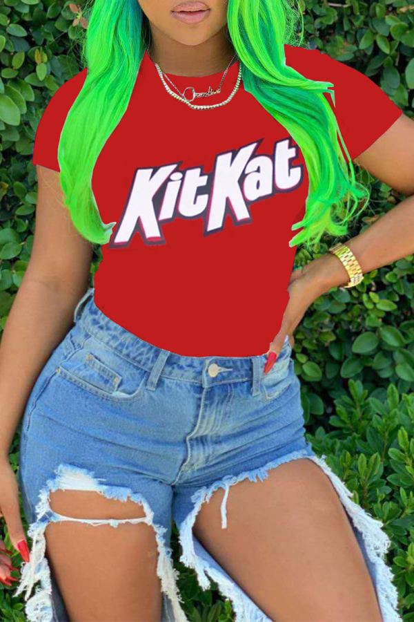 Red Casual Print Patchwork O Neck T-Shirts