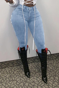 Light Blue Street Cotton Denim Solid Plus Size