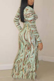 Turquoise Fashion Print Split Joint V Neck Irregular Dress Dresses