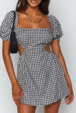 Black White Sexy Plaid Hollowed Out Square Collar A Line Dresses
