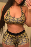 Black Casual Sportswear Print Basic U Neck Sleeveless Two Pieces