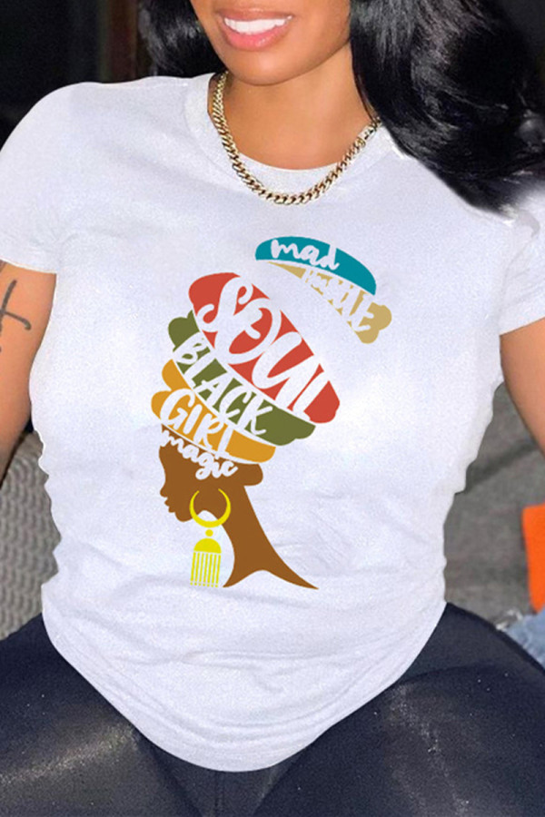 White Fashion Casual Print Basic O Neck T-Shirts