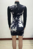 Black Sexy Air Layer Fabric Print Split Joint Tie-dye O Neck Long Sleeve Knee Length Long Sleeve Dress Dresses