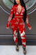 Red Sexy Print Wapiti Patchwork Zipper Collar Long Sleeve Two Pieces