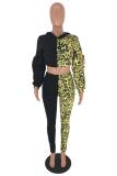 Yellow Polyester adult Casual Fashion Print asymmetrical Patchwork Two Piece Suits Leopard Straight Long Sl