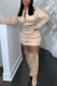 Apricot Sexy Round Collar Zipper Two Piece Suit