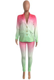 Blue Street Gradual Change Print Turn-back Collar Long Sleeve Two Pieces