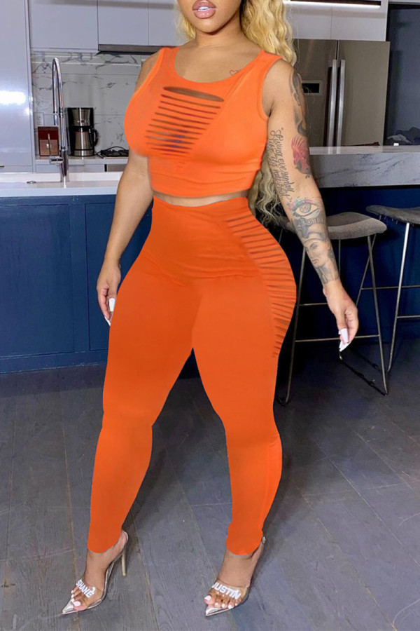 Orange Fashion Sexy Solid Ripped O Neck Sleeveless Two Pieces
