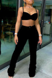 Black Casual Solid Draped asymmetrical Boot Cut Sleeveless Two Pieces