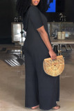 Black Fashion Casual Solid Basic V Neck Regular Jumpsuits