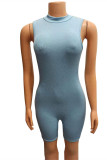 Blue Fashion Casual Solid Basic O Neck Sleeveless Skinny Romper