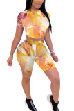 Yellow venetian Fashion Street Print Two Piece Suits Skinny Short Sleeve Two Pieces
