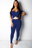 Blue Fashion Sexy Patchwork Solid Hollow one word collar Jumpsuits