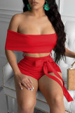 Red Sexy Casual Solid Backless Bateau Neck Short Sleeve Two Pieces