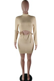 Apricot Casual Cap Sleeve Long Sleeves Turtleneck Step Skirt Knee-Length Solid Long Sleeve Dresse