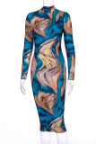 Colour Sexy Print Asymmetrical O Neck Pencil Skirt Dresses