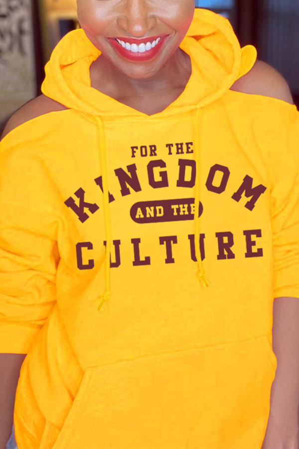 Yellow Casual Print Hooded Collar Tops