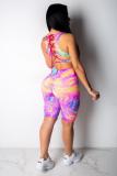 Multi-color Polyester Sexy Casual Fashion Active asymmetrical Print Patchwork pencil Two-Piece Short Set