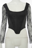 Black Sexy Solid Split Joint O Neck Mid Waist Tops