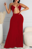 Red Fashion Sexy Solid Hollowed Out Backless Halter Sleeveless Dress