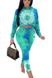 Blue venetian Fashion Casual adult Ma'am Patchwork Print Two Piece Suits pencil Long Sleeve Two Pieces
