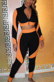 Orange Casual Solid Patchwork O Neck Long Sleeve Regular Sleeve Short Two Pieces